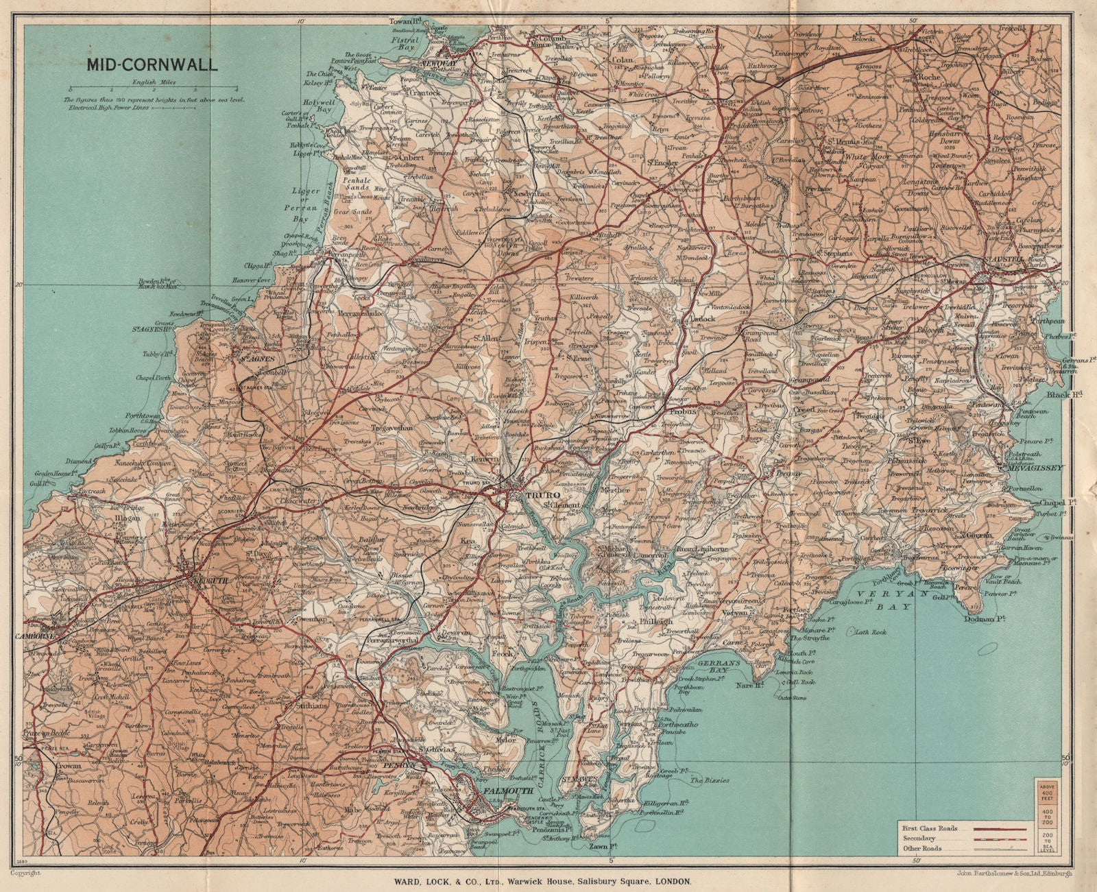 MID-CORNWALL. Carrick Roads Truro Newquay Redruth Falmouth St Austell 1937 map
